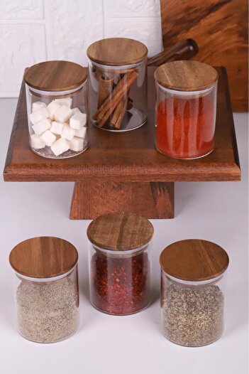 Atbyhome Acacia Lid Borosilicate Glass Spice Rack Storage Jar 200 ml Set of 6