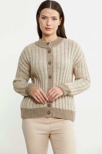 Sementa Beige Knitted Cardigan - Detailed Wool