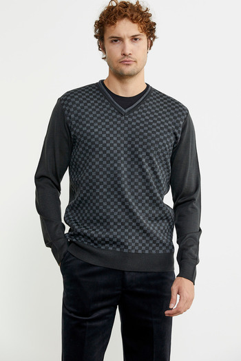 Sementa Anthracite Square Patterned Wool Jacquard Knitwear Sweater