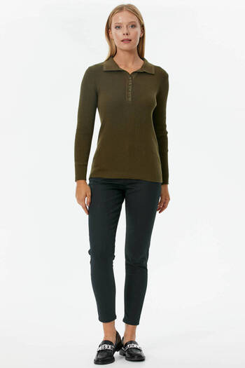 Sementa Pleated Polo Collar Buttoned Knitwear Sweater - Khaki