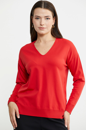 Sementa Red V-Neck Knitwear Flowing Sweater