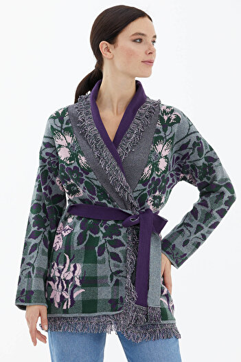 Sementa Shawl Collar Tasseled Floral Patterned Knitwear Cardigan - Gray