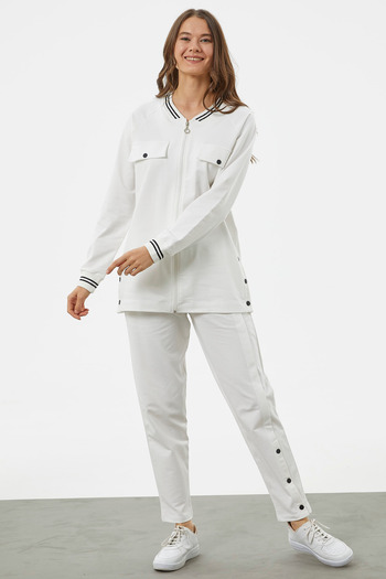 Sementa Knitted Collar Zippered Tunic Tracksuit Set - Ecru