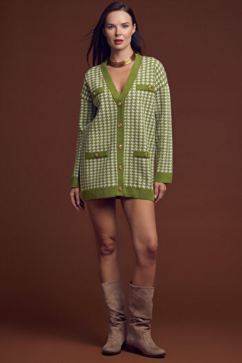 Sementa Green Oversize Knitwear Jacket - Houndstooth Motif