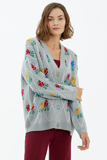 Sementa V-Neck Buttoned Rose Patterned Knitwear Cardigan - Gray