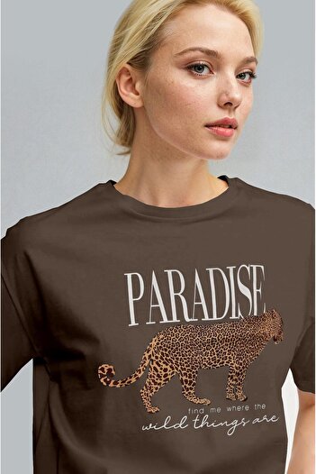 Millionaire Women's Brown Leopard Hurma Short Sleeve Casual Fit T-Shirt