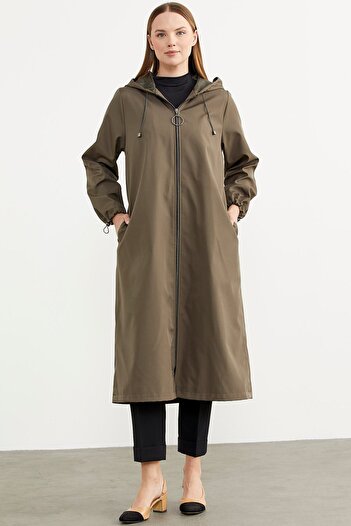 Sementa Large Size Hooded Zippered Long Trench Coat - Khaki