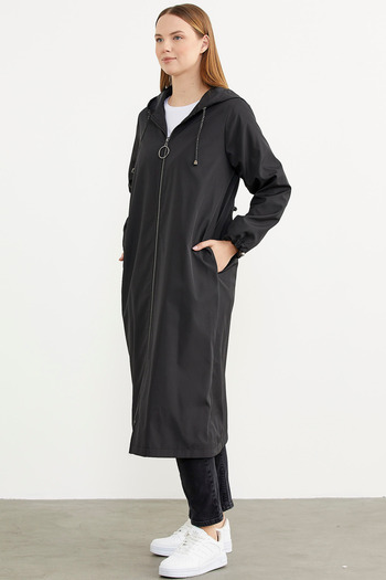 Sementa Large Size Hooded Zippered Long Trench Coat - Black