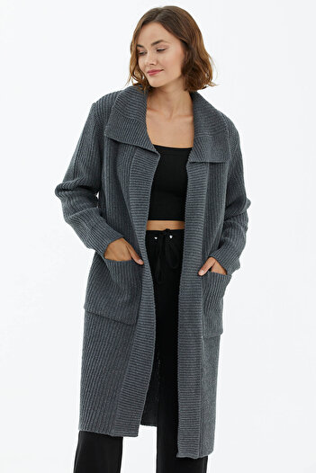 Sementa Wide Collar Loose Knitwear Long Cardigan Dark Gray