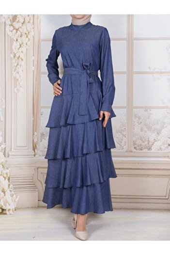 Modamorfo Skirt Layered Denim Belted Dress -Indigo