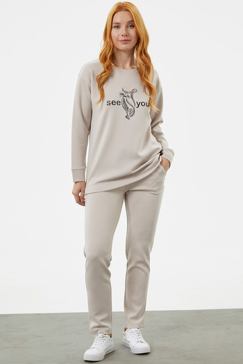 Sementa Σετ αθλητική φόρμα με στάμπα Crew Neck Oversize - Μπεζ