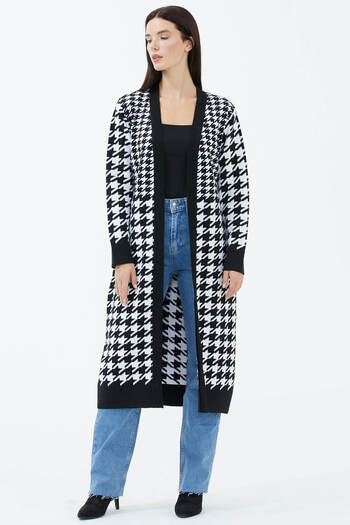 Sementa Houndstooth Patterned Long Belted Knitwear Cardigan Black
