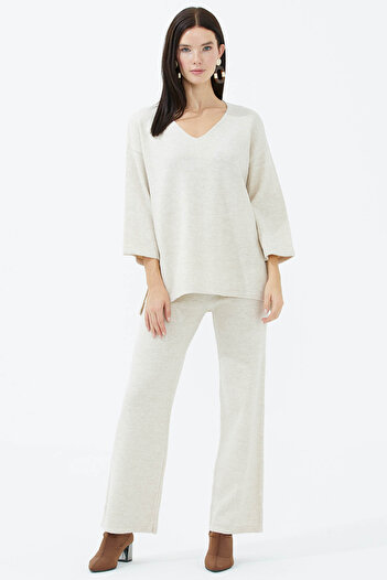 Sementa V-Neck Double Knitwear Set - Light Beige