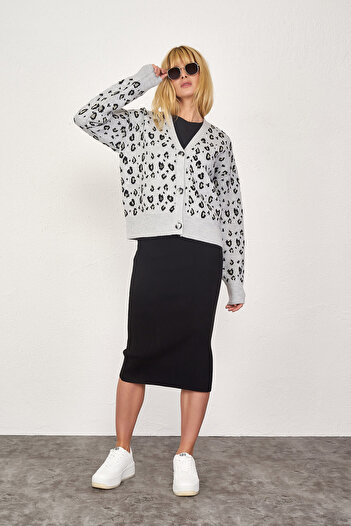 Sementa Women's Leopard Patterned Knitwear Cardigan - Gray - Black