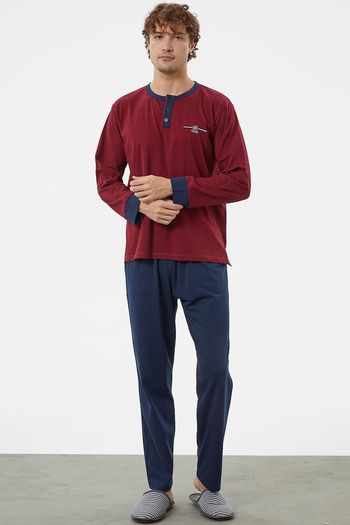 Sementa Double Color Buttoned Pajama Set with Placket - Claret Red