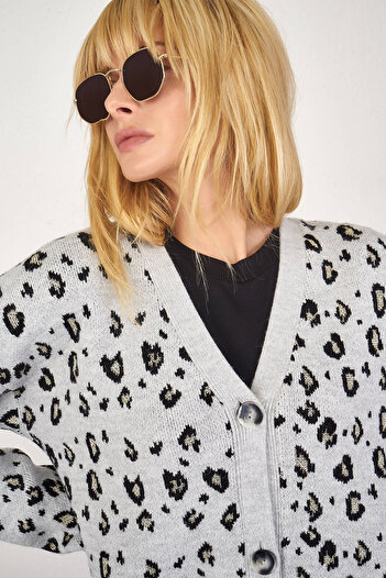 Sementa Women's Leopard Patterned Knitwear Cardigan - Gray - Black