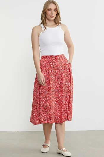 Sementa Floral Patterned Midi Skirt - Red