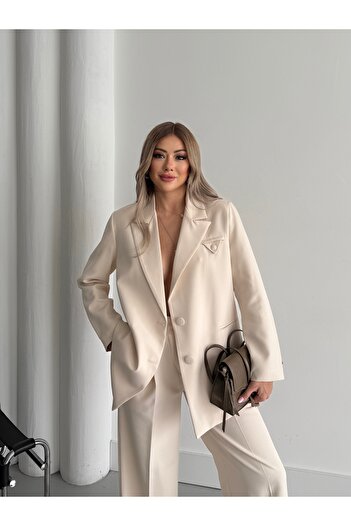 HOEK Kadın Krem Düğme Detay Blazer Ceket Pantolon Takım Elbise