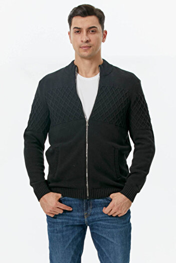 Sementa Stand Collar Zippered Pocket Knitwear Cardigan - Black