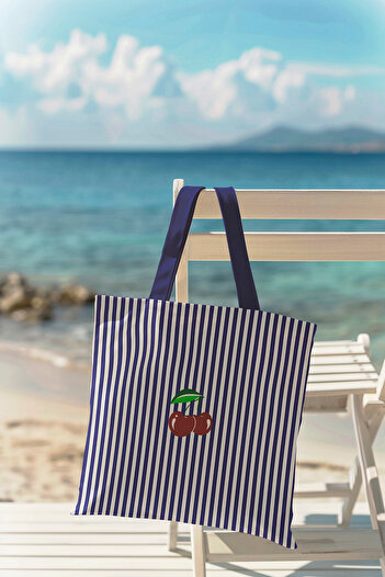 AYSHOME Ays Home Navy Blue Striped Cherry Patterned Washable Zippered Cloth Beach Shopping Bag