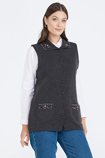 Sementa Women's Buttoned Knitwear Vest with Pockets - Anthracite