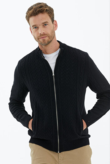 Sementa Black Knitwear Cardigan - Stand Collar and Zipper Detail