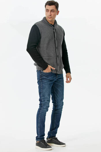 Sementa Shawl Collar Buttoned Knitwear Cardigan - Dark Gray - Black