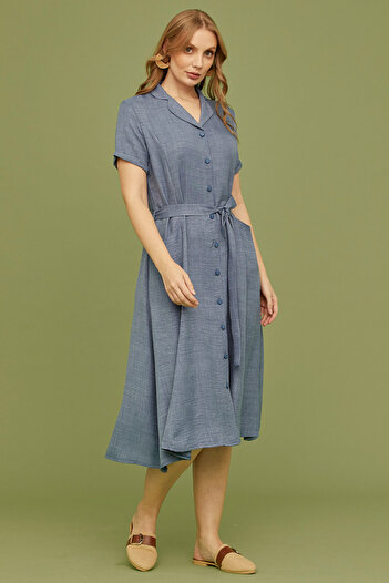 Sementa Linen Look Pocket Shirt Dress - Indigo