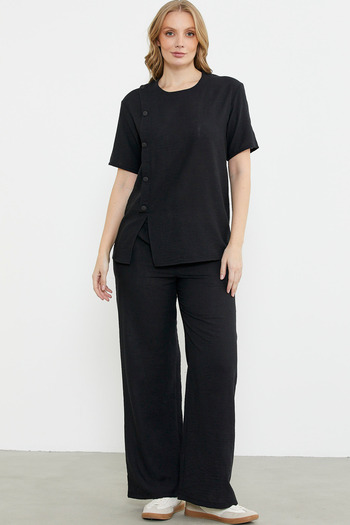 Sementa Button Detailed Linen Look Comfortable Set - Black