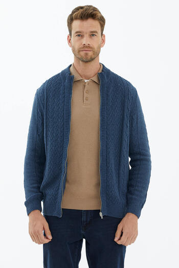 Sementa Stand Collar Zippered Knitwear Cardigan - Indigo