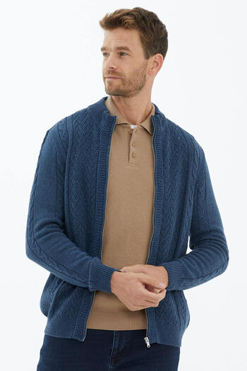 Sementa Stand Collar Zippered Knitwear Cardigan - Indigo