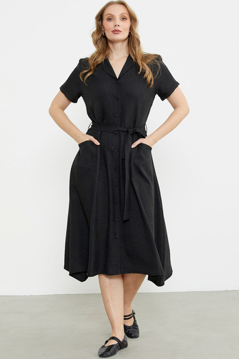 Sementa Linen Look Pocket Shirt Dress - Black