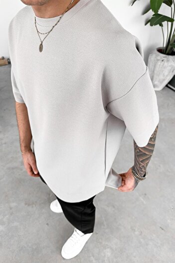 HAFKAGİYİM Stone Woven Slit Detail Oversize T-Shirt