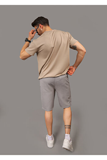 EydaMoon Men's Line Pattern Lycra Jogger Elastic Waist Back Pocket Zippered Summer Shorts