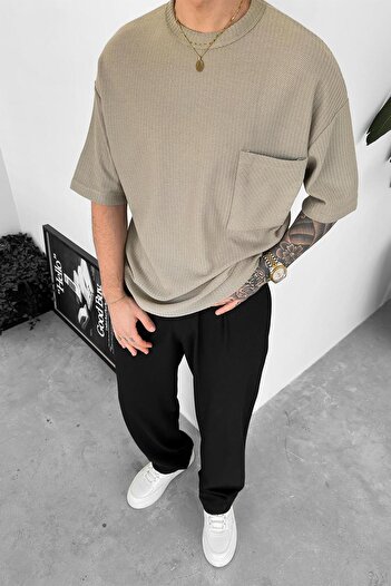 HAFKAGİYİM Gray Knitted Pocket Detail Oversize T-Shirt