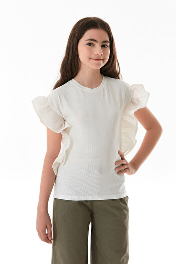 Fulla Moda Ribbed Girl's Blouse with Flounces on the Sides