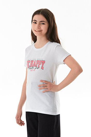 Fulla Moda 100% Cotton Be Happy Printed Girl's T-Shirt
