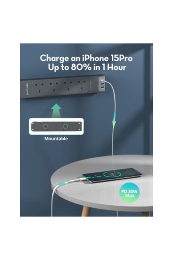 RavPower 7-in-1 Power Strip 4 AC Outlets with 3 USB Ports - 30 W - 3 Meter - RP-PC1039