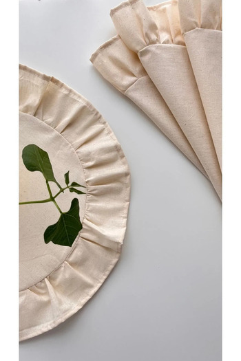 White Alamode Natural Raw Linen Frilly Round Placemat Set of 12 40X40Cm
