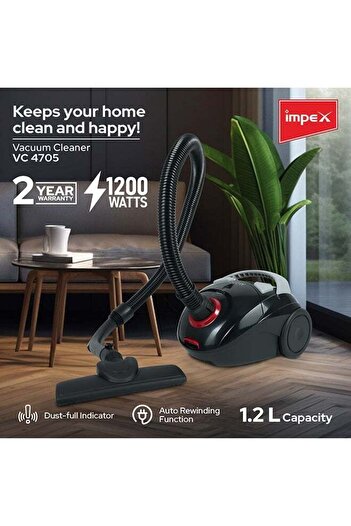 İMPEX Impex Vacuum Cleaner, 1200w, 1.2l - Vc4705 High Suction, Washable Bag, Air Flow Control, Black