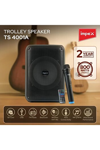 İMPEX 8 Inch Portable Trolley Bluetooth Speaker Ts4001a - 800w Pmpo, Wireless Mic, Led Display & Light