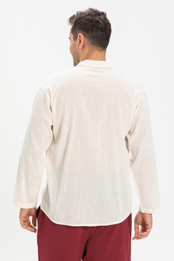 Eliş Şile Bezi Plus Size Sile Cloth Long Sleeve Single Pocket Judge Collar Men's Summer Tshirt Cream 3002