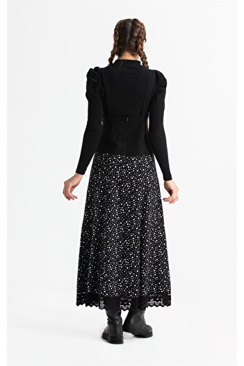 Eliş Şile Bezi Salopet Flannel Long Autumn and Winter Skirt Crisp Pattern White Byz