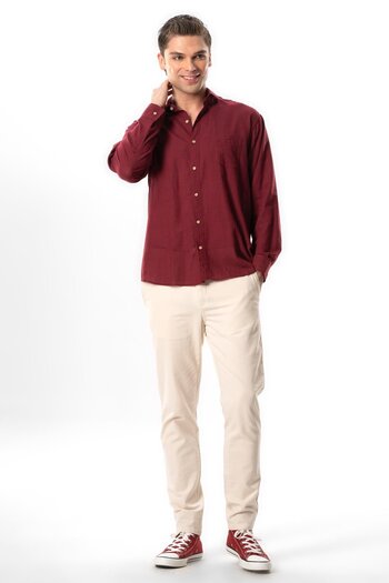 Eliş Şile Bezi Long Sleeve Şile Cloth Single Pocket Men's Summer Shirt Dark Claret Red 3068