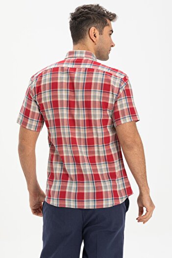 Eliş Şile Bezi Short Sleeve Slim Fit Şile Cloth Single Pocket Men's Summer Shirt Red Navy Blue Checkered 3008