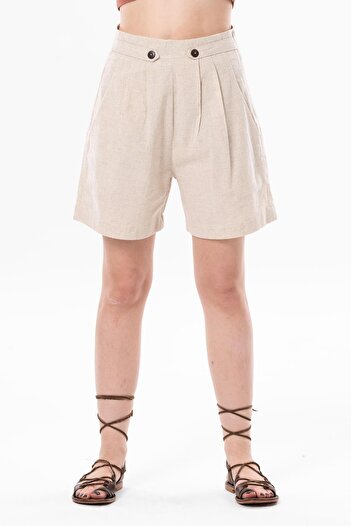 Eliş Şile Bezi Bitez Linen Buttoned Summer Shorts Cream Cream