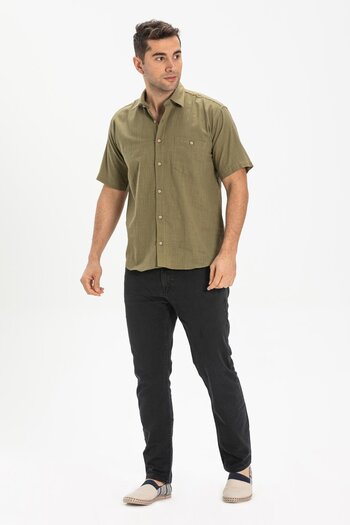 Eliş Şile Bezi Short Sleeve Sile Cloth Single Pocket Men's Summer Shirt Khaki 3049