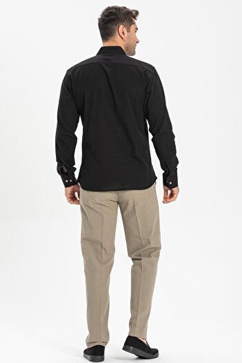 Eliş Şile Bezi Long Arm, Slim Fit Şile Cloth - Single Pocket Men's Summer Shirt (Black) 3003