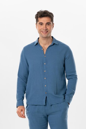 Eliş Şile Bezi Long Sleeve Muslin Summer Men's Shirt Indigo indg