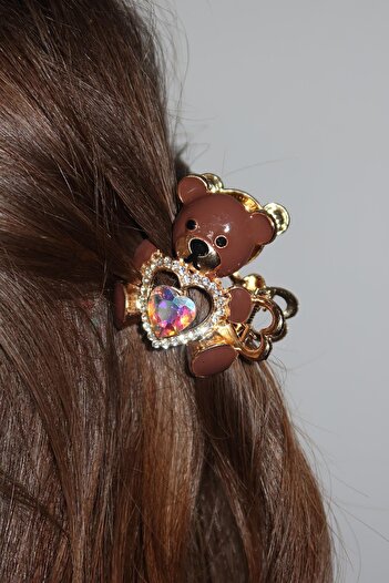 TAKIŞTIR Brown and Gold Color Teddy Bear Figured Metal Latch Buckle with Stone Detail